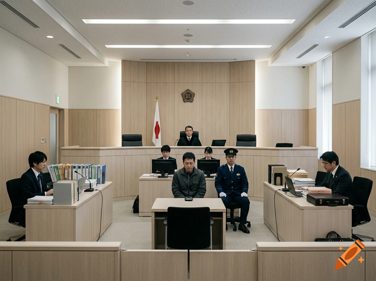 Photorealistic view of a Japanese courtroom with a judge, lawyers, defendant, and guard.