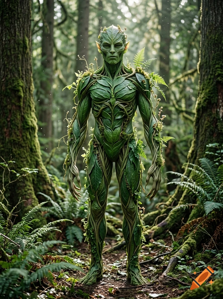 Photorealistic image of an alien humanoid made of leaves and chlorophyll standing in a lush green forest.