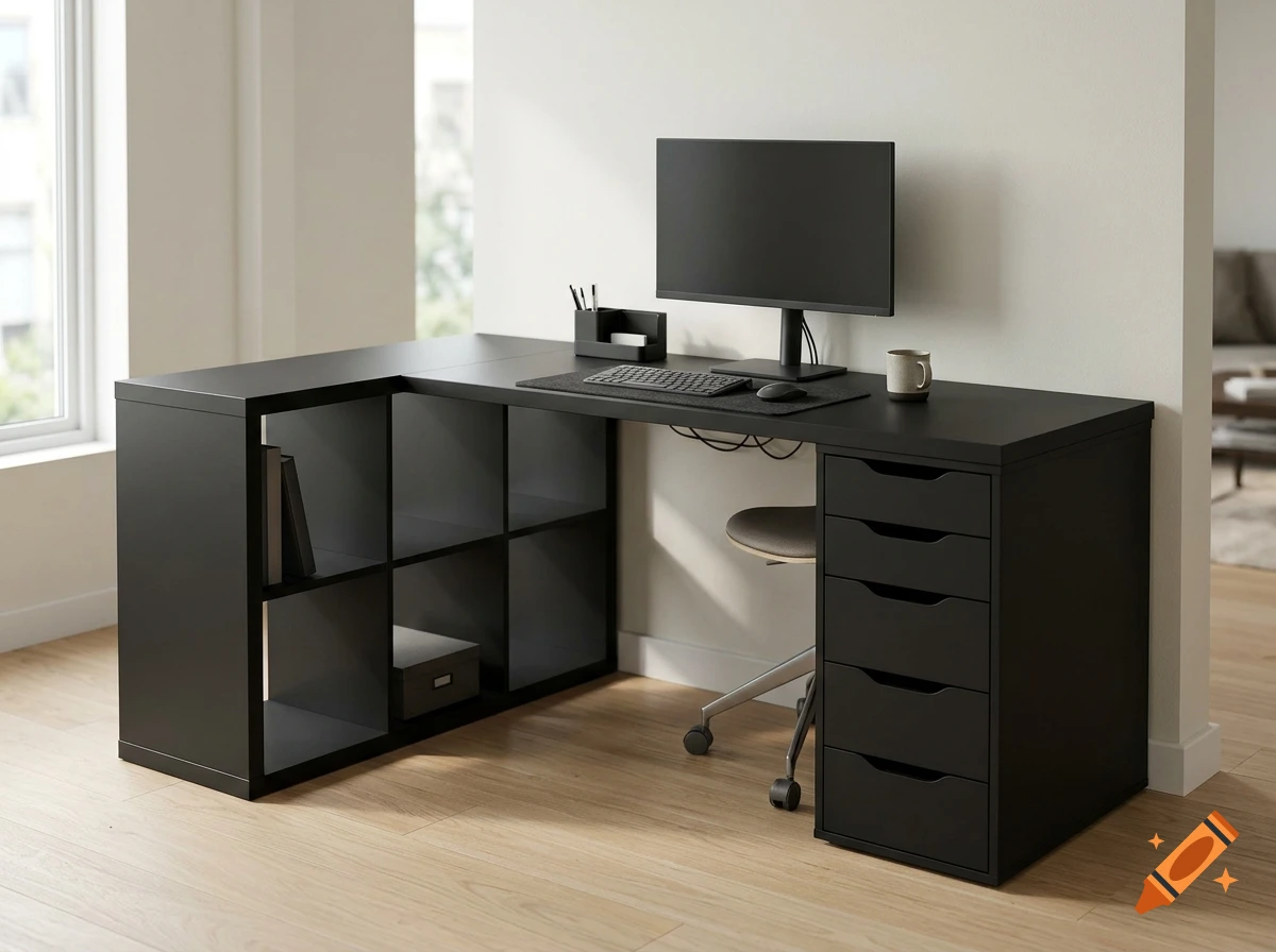 Photorealistic L-shaped black desk setup with a monitor, keyboard, chair, and storage unit in a modern room.
