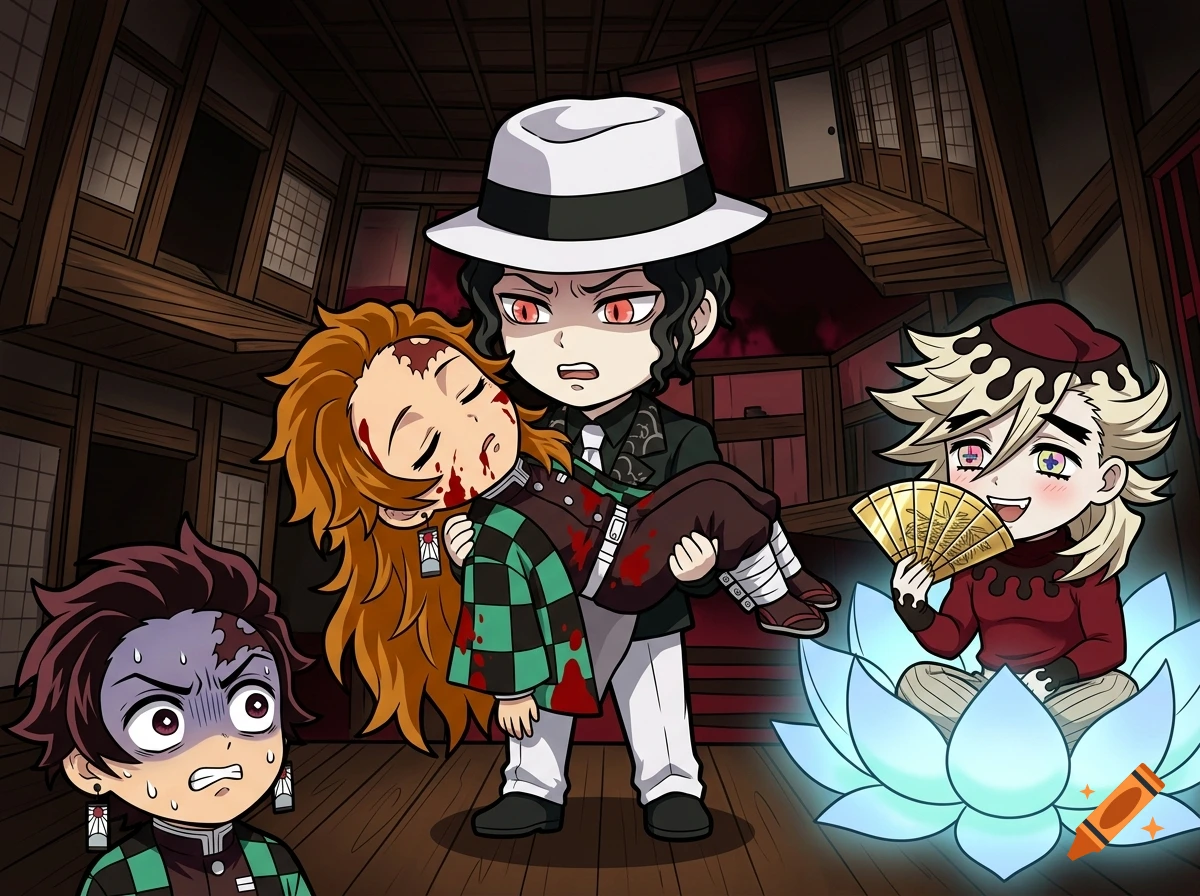 Chibi anime fan art of Demon Slayer characters in a castle with Muzan holding a character.