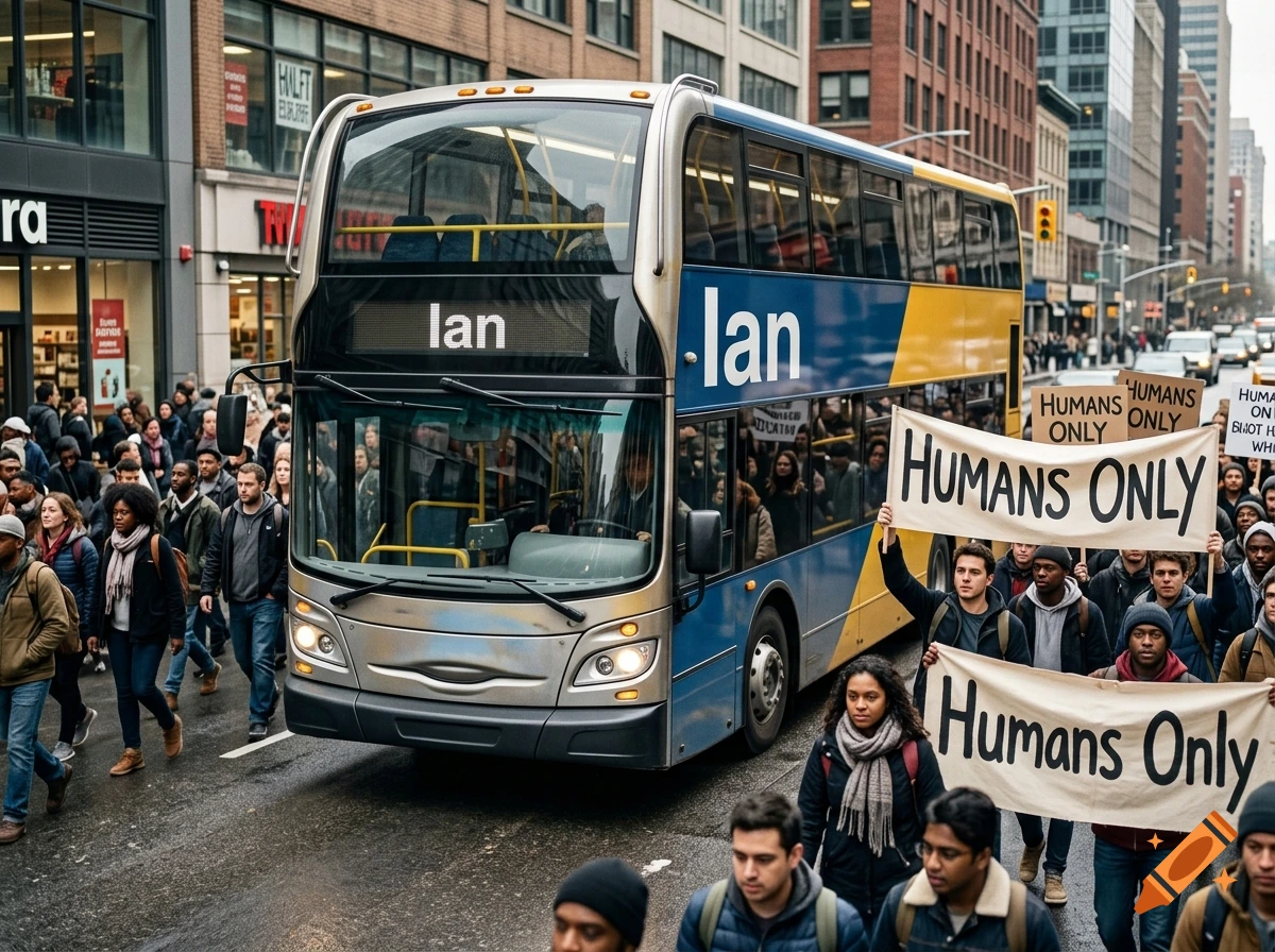 Photorealistic scene of a double-decker bus named Ian driving through a city street surrounded by a crowd holding banners that read 'Humans Only'.