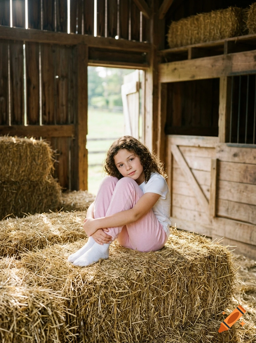 A young girl with curly hair sits hugging her knees atop a stack of hay inside a rustic wooden barn.