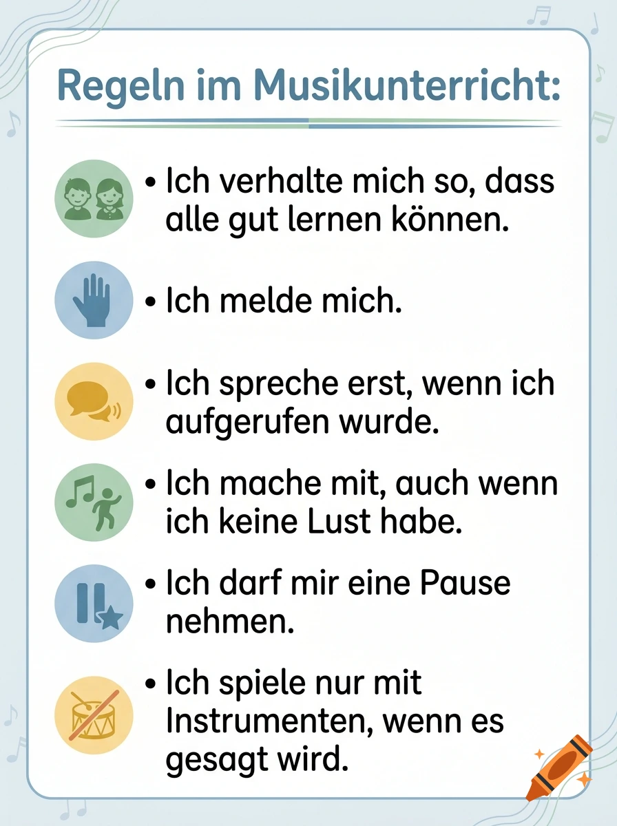 German language classroom rules poster with musical theme, icons, and bullet points.