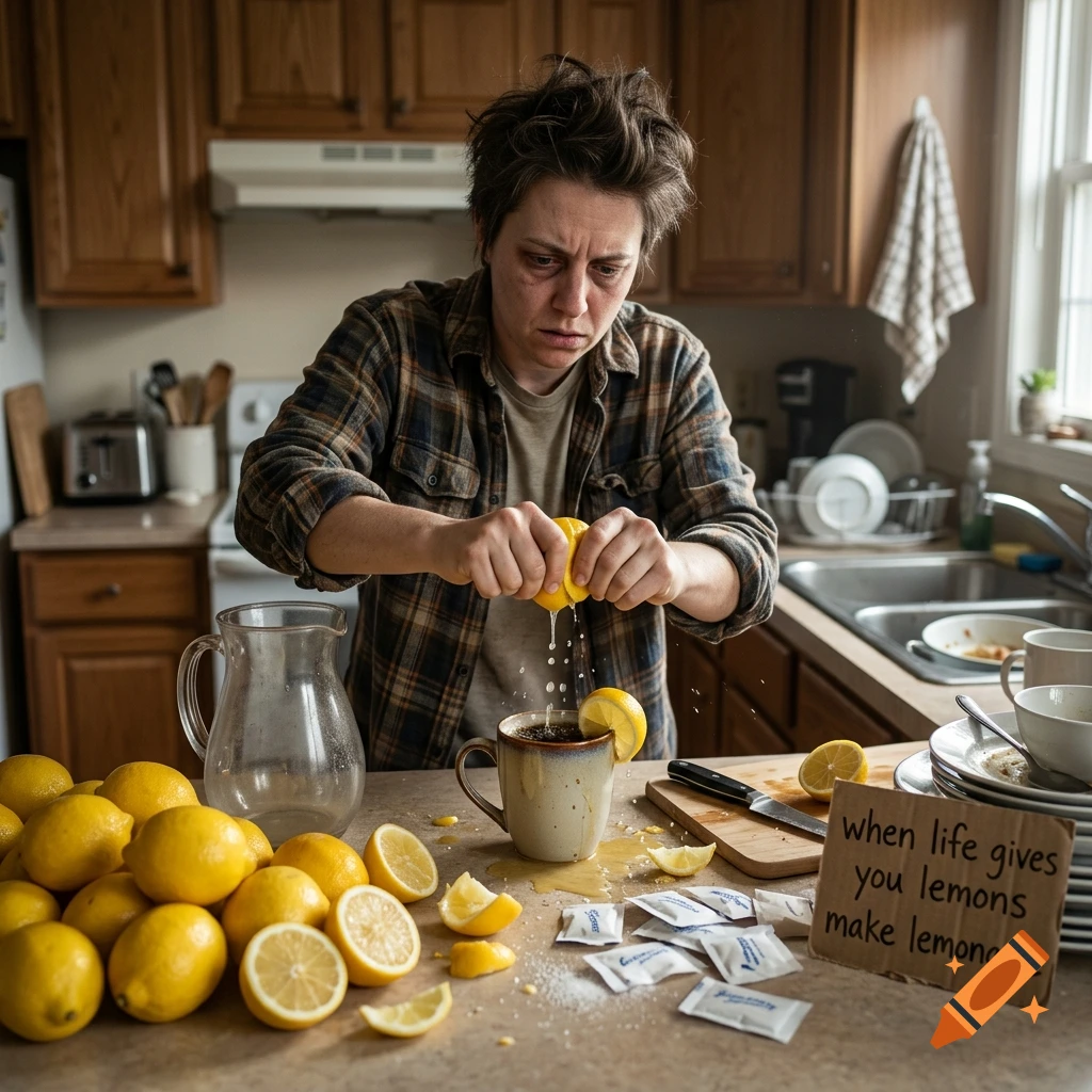 Photorealistic image of a stressed person in a kitchen squeezing a lemon into a mug, with a sign reading 'when life gives you lemons make lemonade'