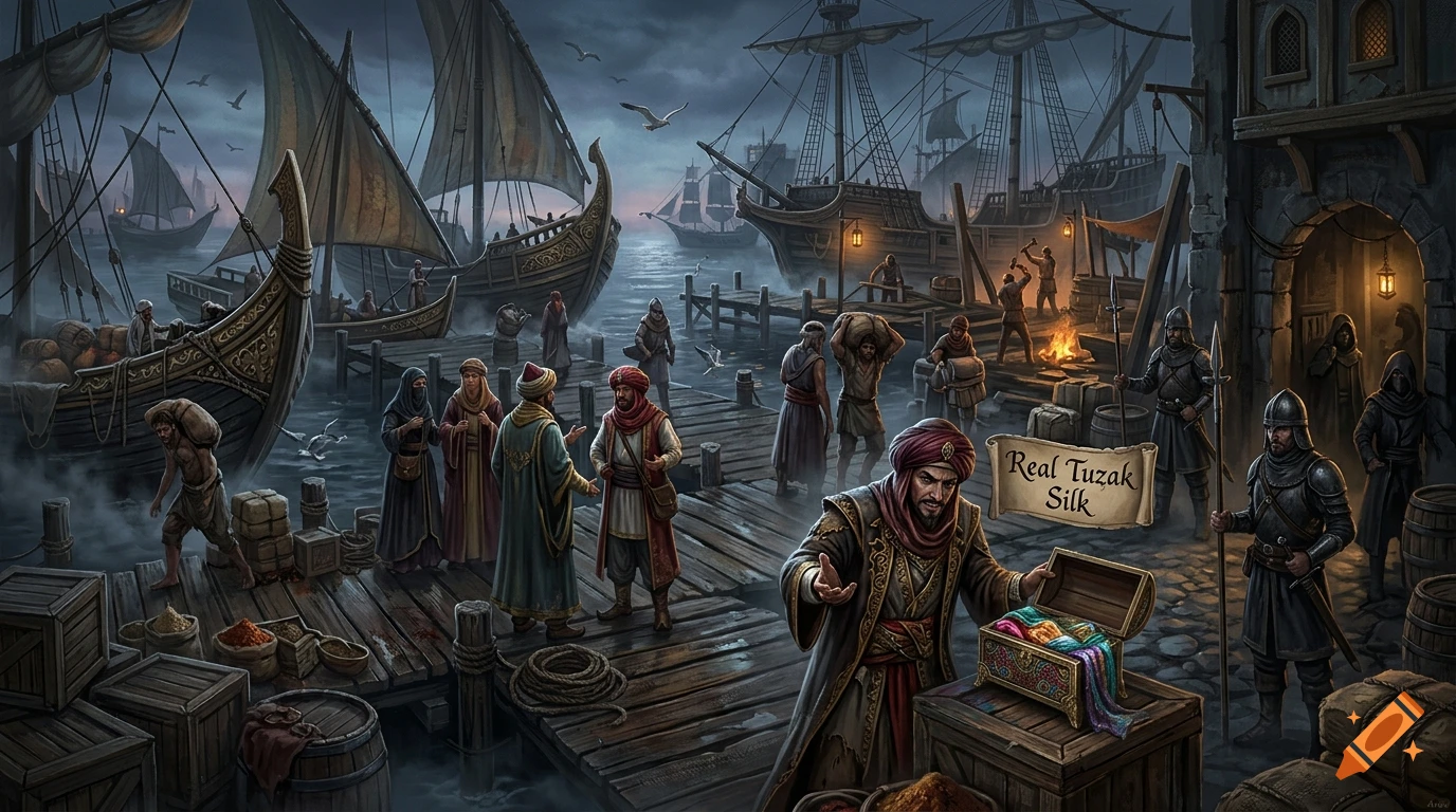 Dark fantasy illustration of a bustling harbor at dusk with ships, merchants, and a merchant showing a chest of silk.