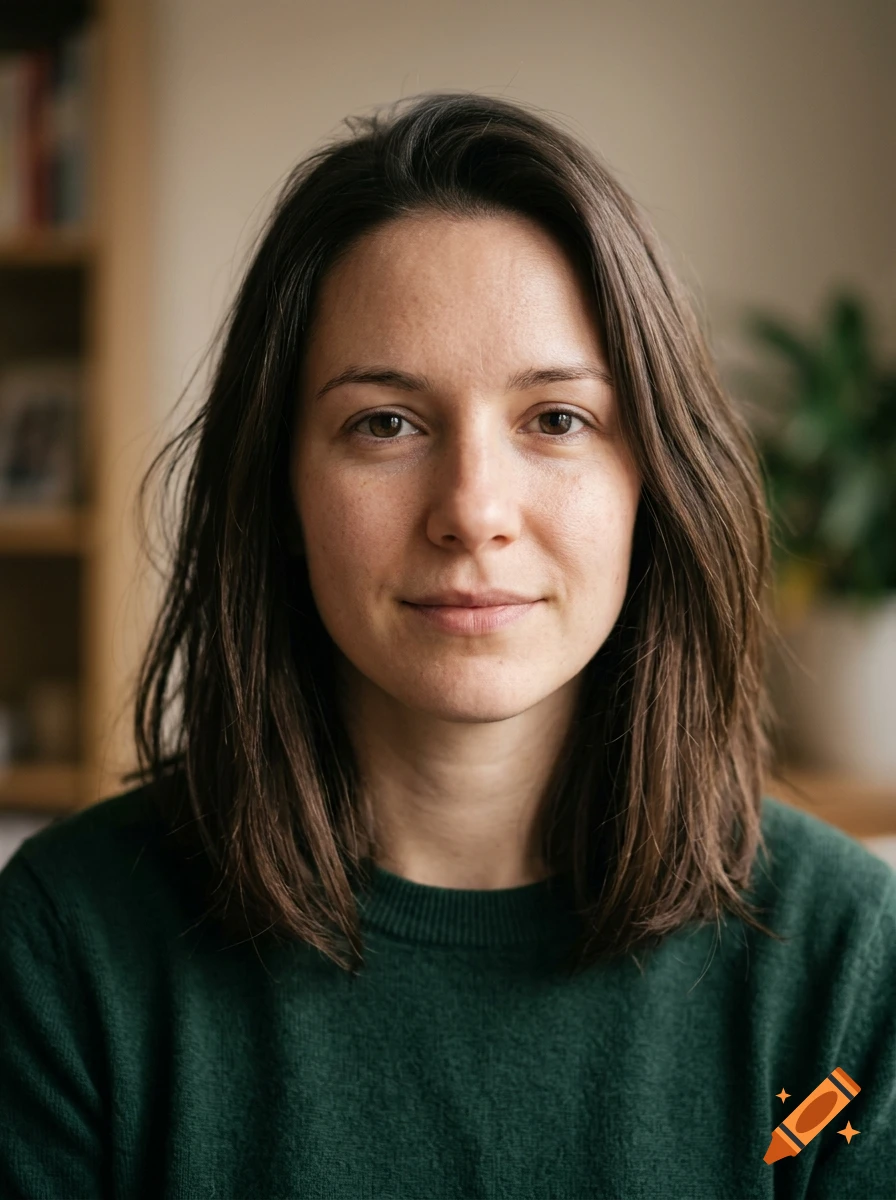 Close-up portrait of a woman with shoulder-length brown hair and a green sweater, indoors.