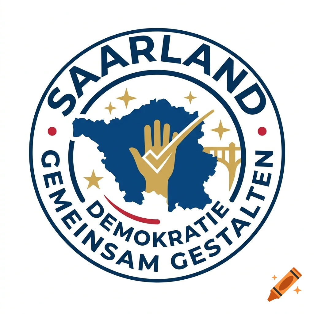 Round logo with the text SAARLAND and GEMEINSAM GESTALTEN, featuring the map of Saarland, a hand, and bridge in blue and gold.