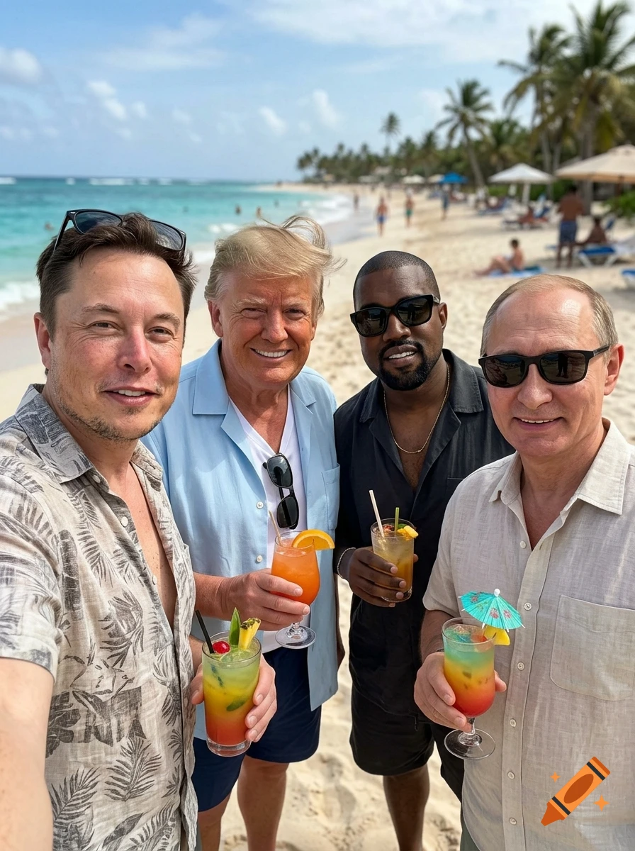 Photorealistic selfie of Elon Musk, Donald Trump, Kanye West, and Vladimir Putin holding cocktails on a tropical beach.