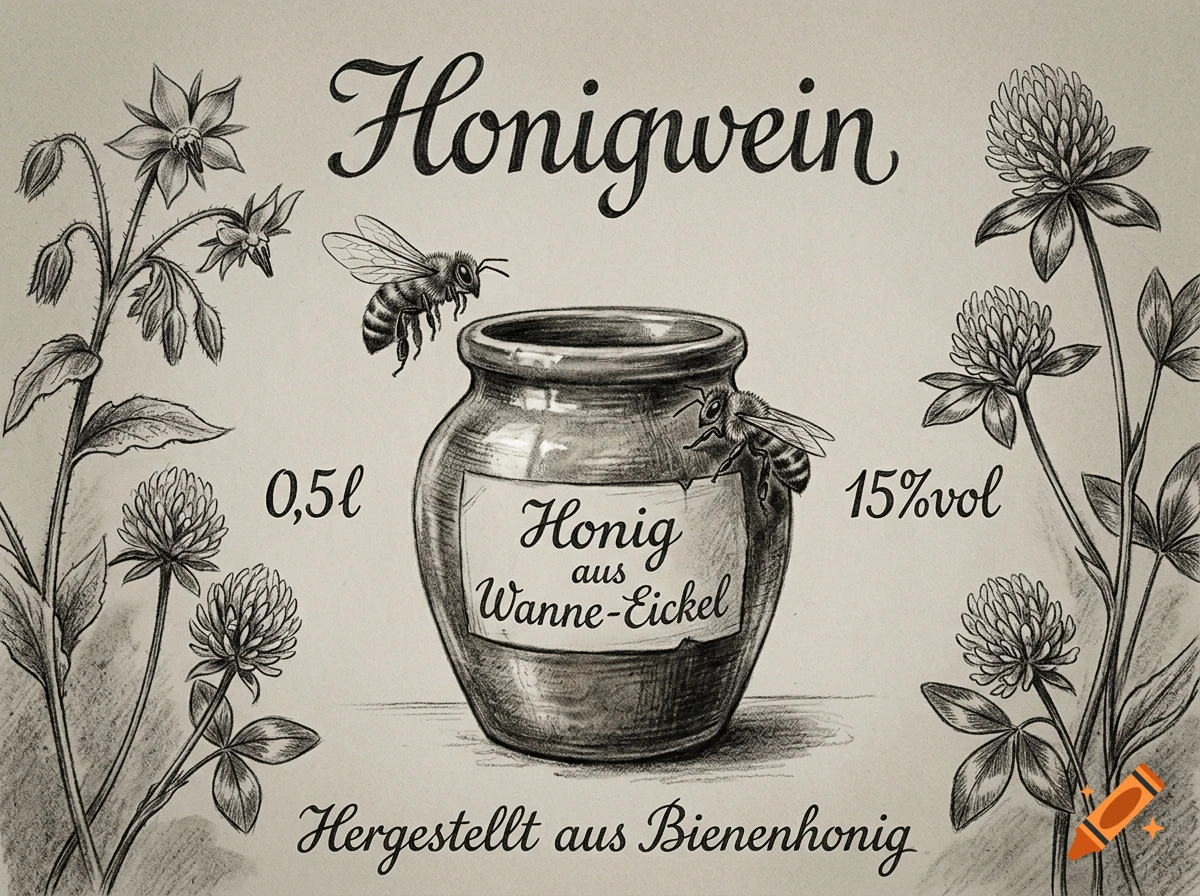 Charcoal drawing of a honey jar labeled Honig aus Wanne-Eickel, bees, clover flowers, and borage, with German text.