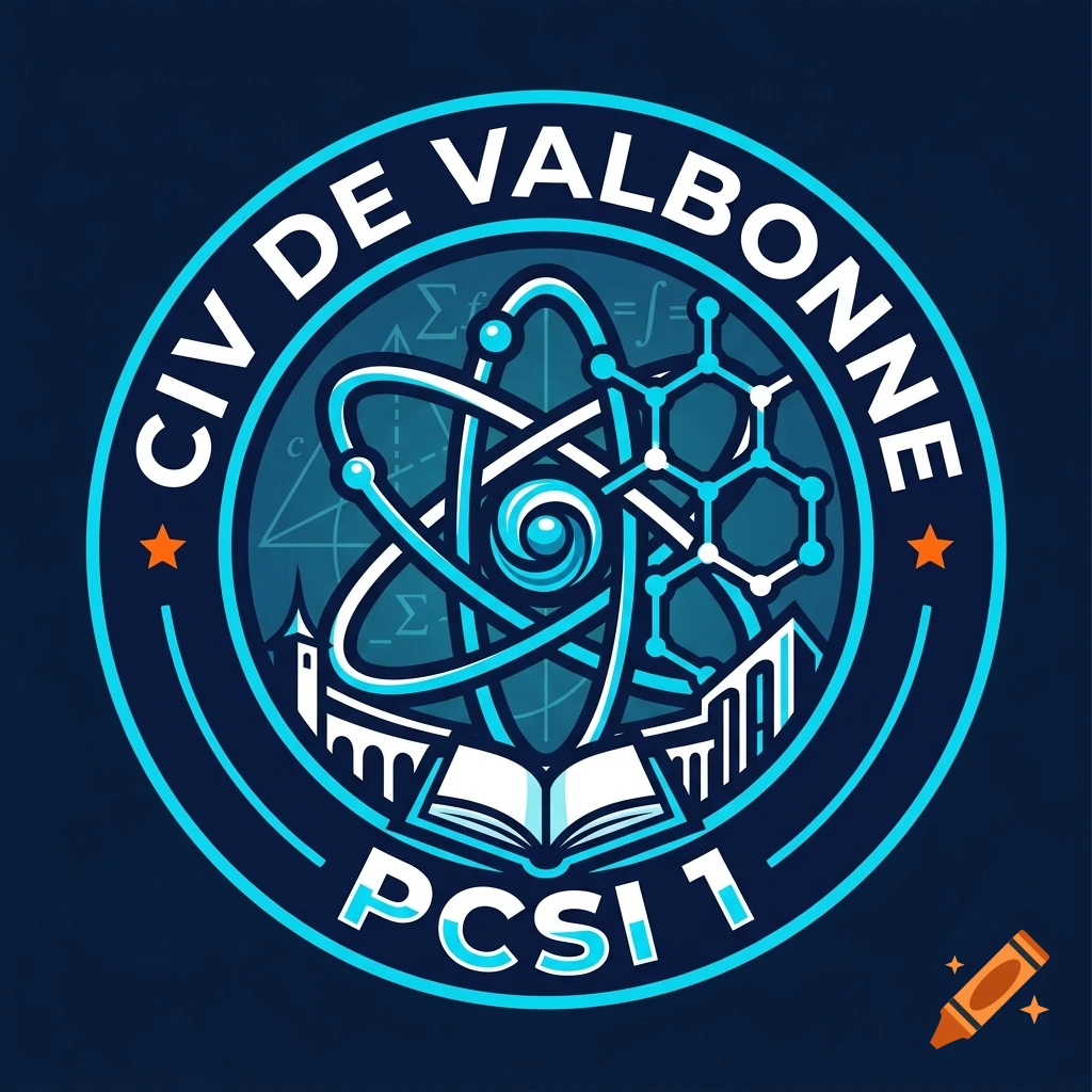 Circular vector logo for CIV de Valbonne PCSI 1 featuring an atomic model, chemical structure, and open book.