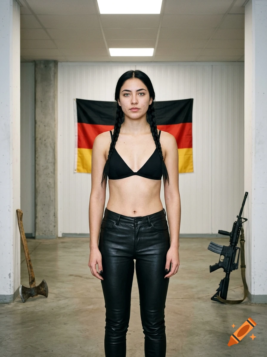 Photorealistic image of a young woman with braids standing in a room with a German flag, a rifle, and an axe.