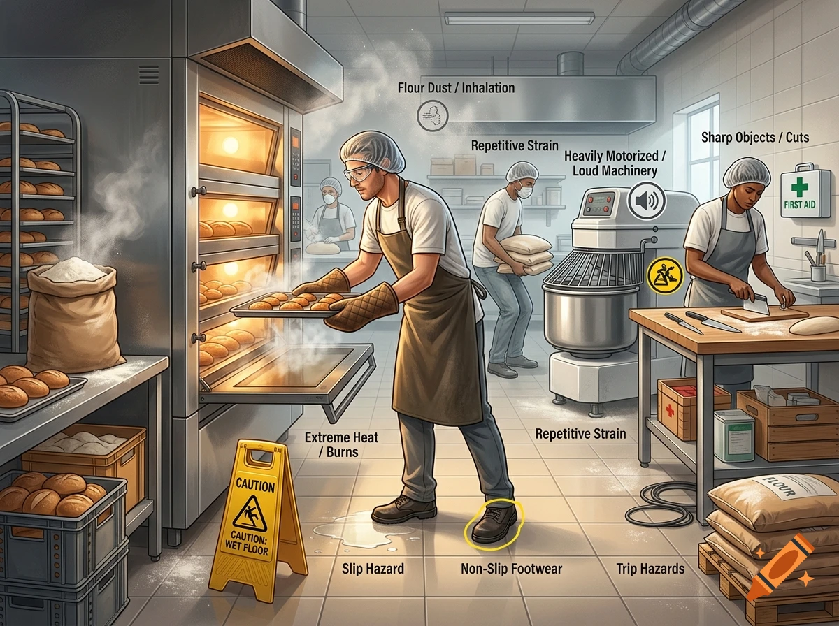 Illustrated infographic showing workplace safety hazards in a commercial bakery with annotations.