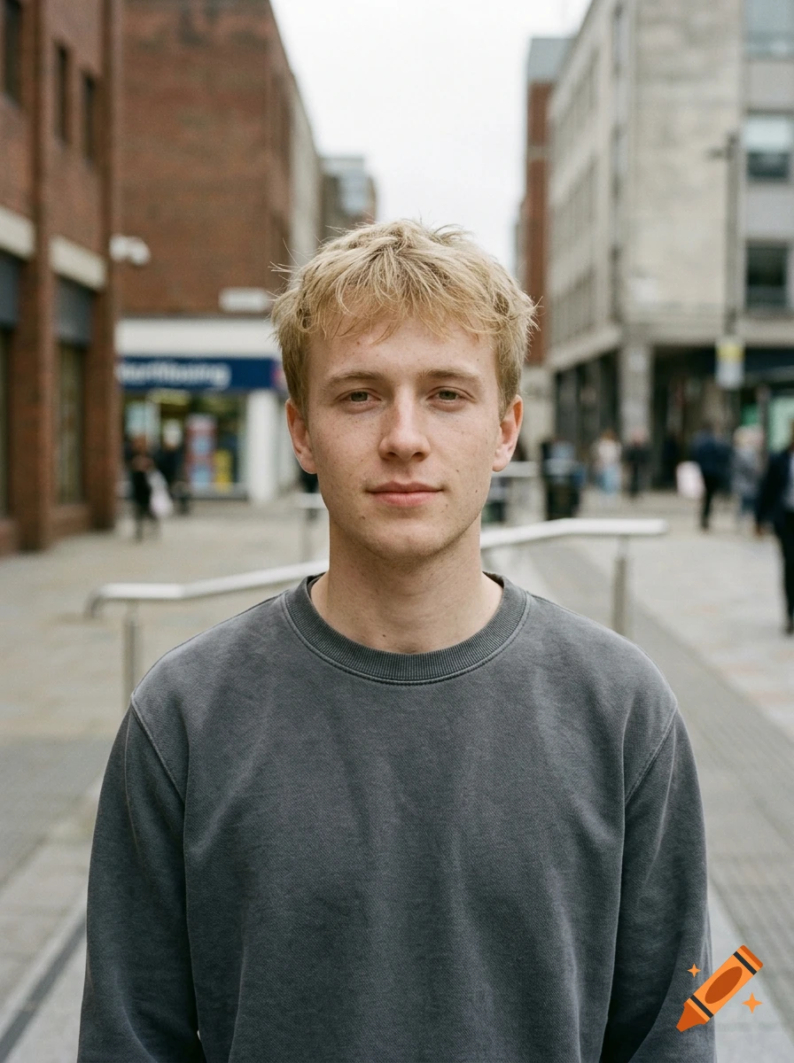 Photorealistic medium shot of a young blond man standing on a city street.