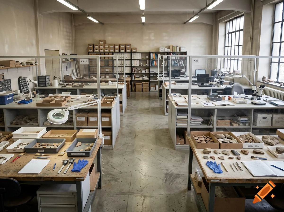 Photograph of an archaeological workshop with multiple work tables, artifacts, and shelving.