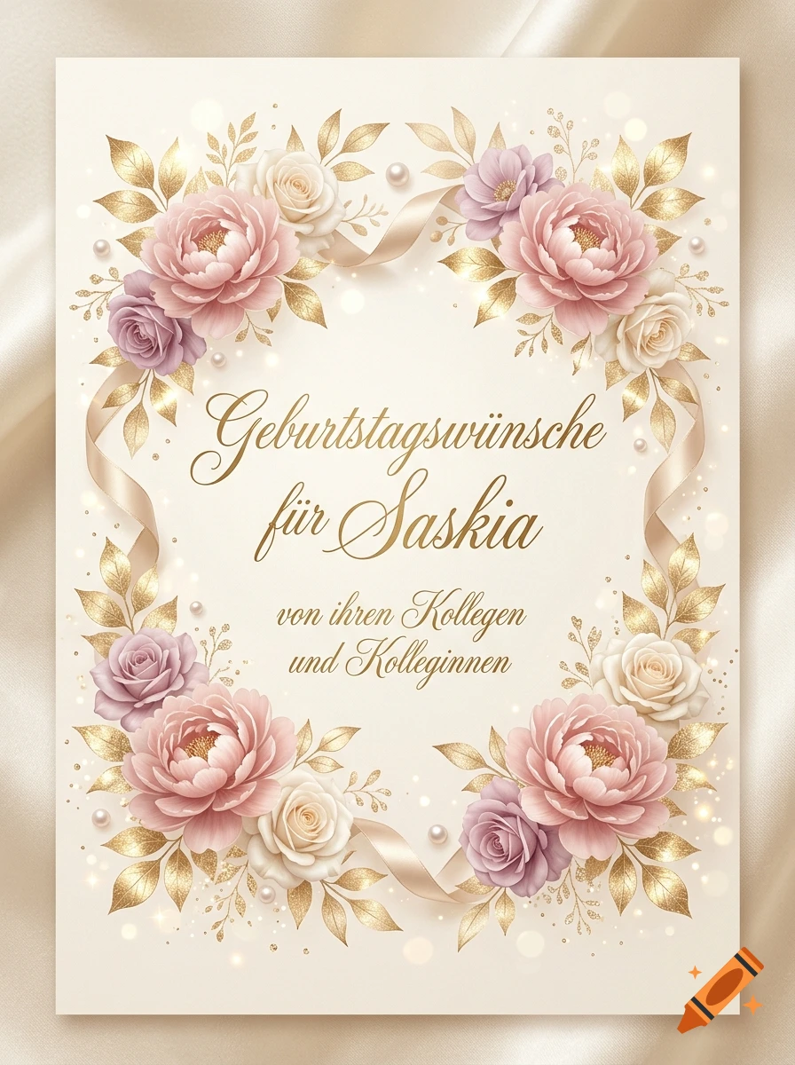 Elegant birthday greeting card design with pink and white roses, gold leaves, and German text on a silk background.