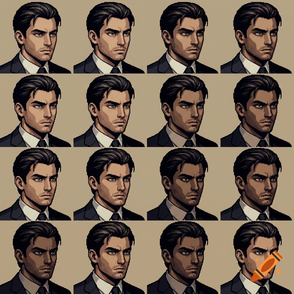 A pixel art grid sheet displaying a male character's portrait in various skin tones.