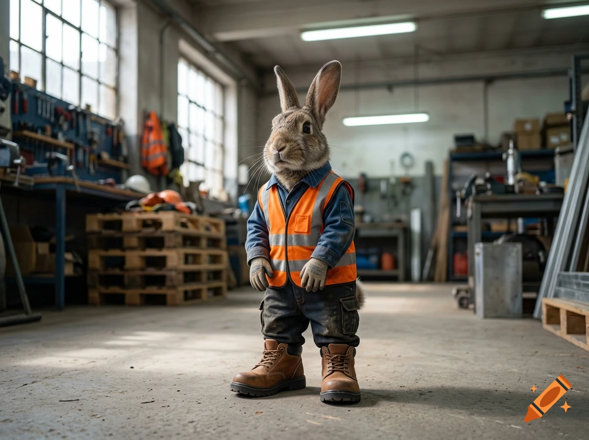 Photorealistic image of a rabbit wearing construction workwear and boots standing in a workshop.