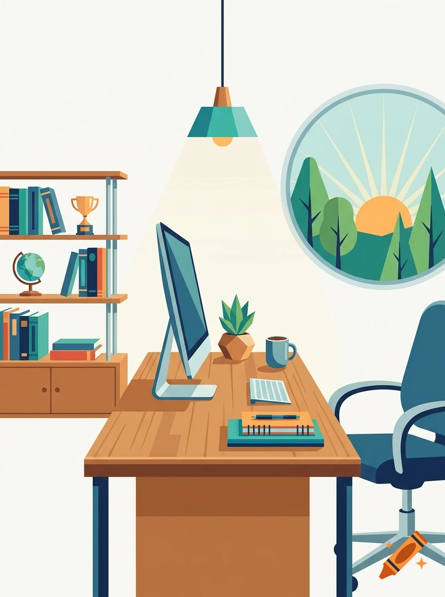 Digital illustration of a modern home office with a desk, computer, bookshelf, and a round window showing a sunrise over a forest.