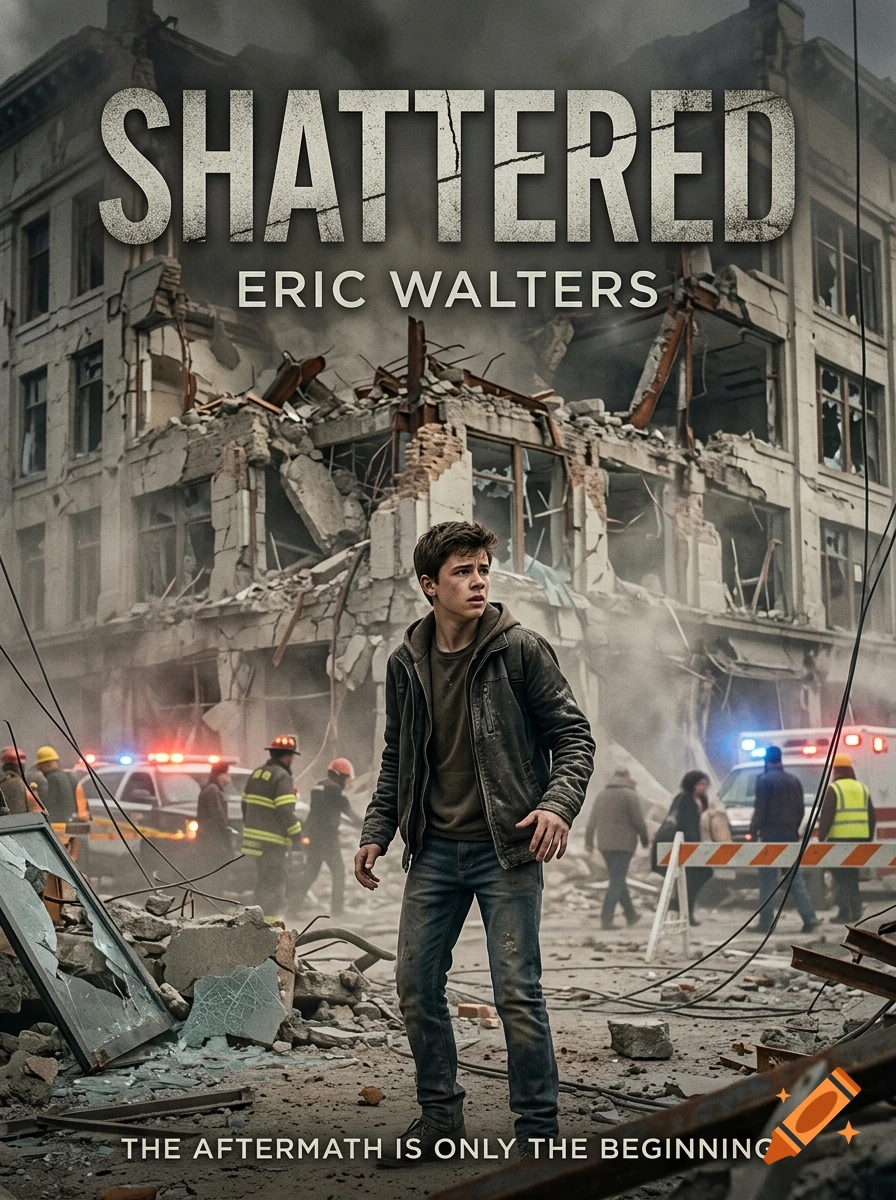 Movie poster style image of a young man standing amidst the wreckage of a collapsed building with emergency vehicles in the background.