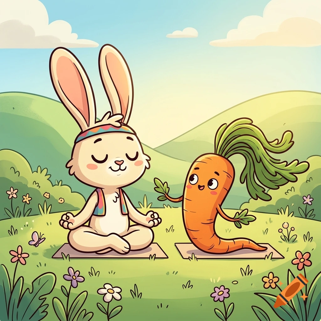 A cute cartoon rabbit and carrot doing yoga in a sunny grassy field.
