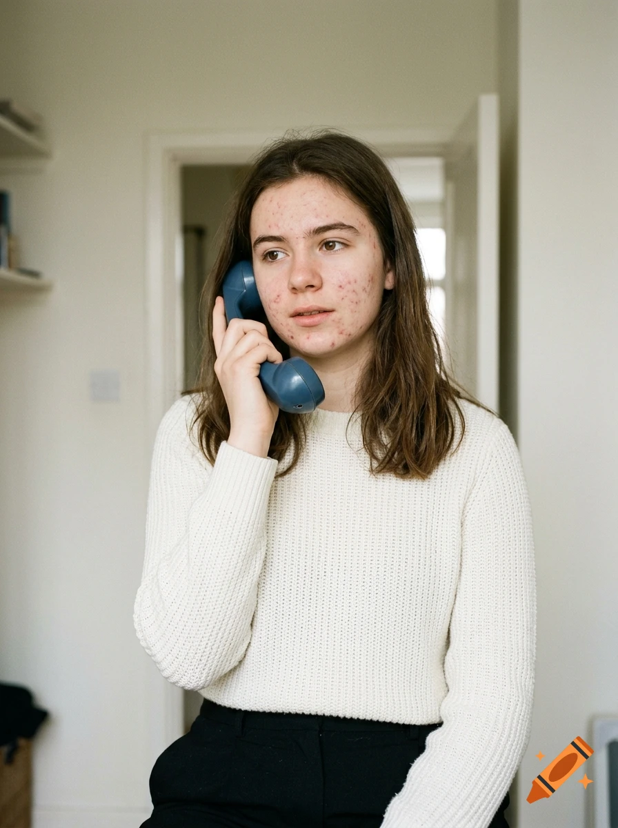 Photorealistic portrait of a young person with brown hair and acne wearing a white sweater, holding a blue landline telephone.