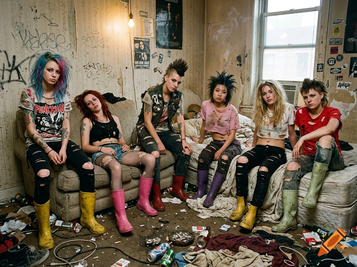 Photorealistic scene of six diverse young punk women sitting in a messy, graffiti-covered apartment room surrounded by trash.