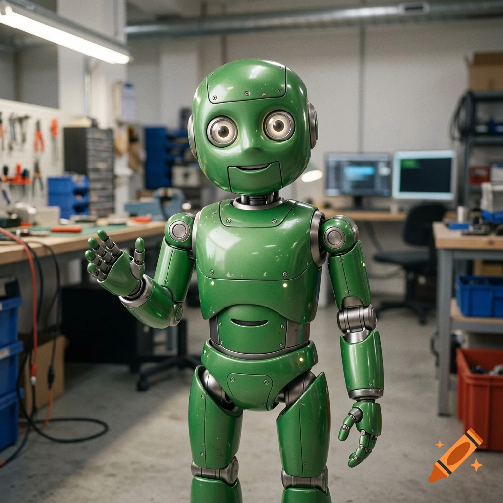 Photorealistic medium shot of a friendly green robot with large expressive eyes standing in a workshop, raising a hand in greeting.