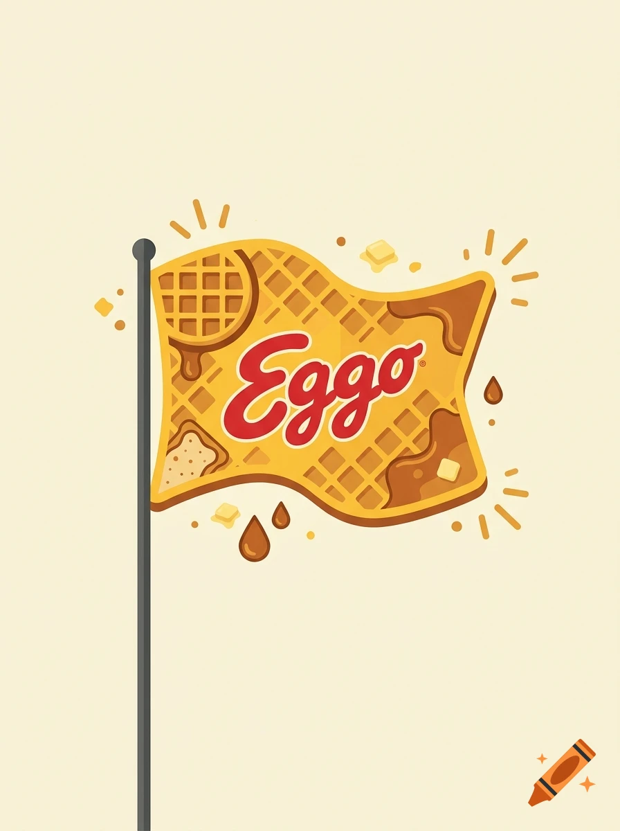 Illustration of a wavy flag styled like an Eggo waffle with syrup, butter, and the Eggo logo on a flagpole.