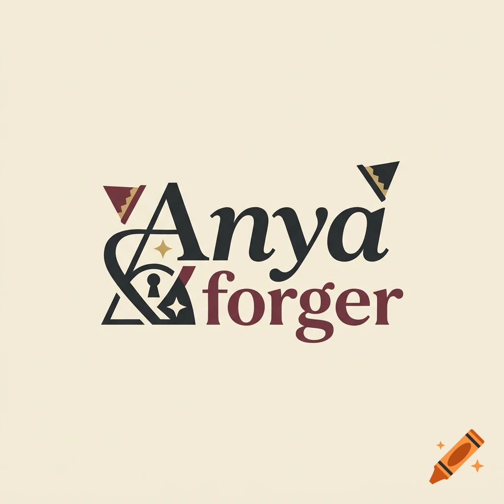 Stylized text logo reading Anya forger in dark and maroon colors with decorative geometric elements and keyhole icon on a cream background.