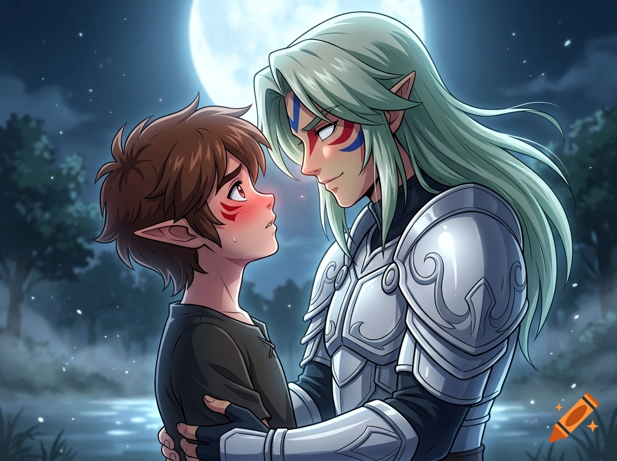 Anime style illustration of a young boy with elf ears and a tall armored protector embracing under a full moon.