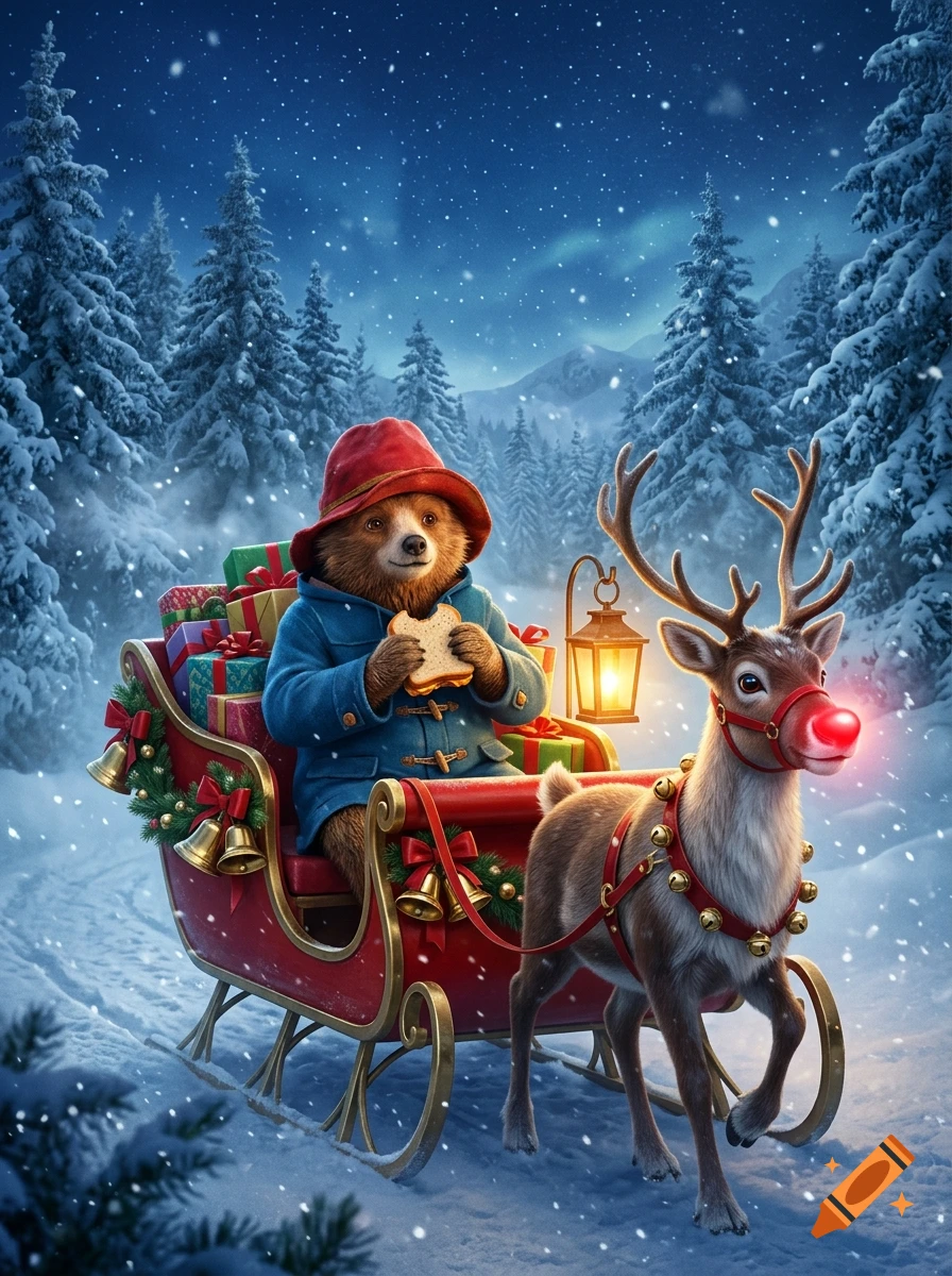 Paddington Bear sitting in a red sleigh holding a sandwich, accompanied by a reindeer with a glowing red nose in a snowy forest.