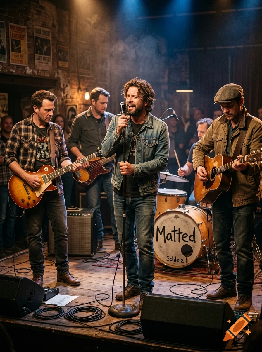 Photorealistic image of a four-piece band performing live on a stage in a rustic venue.