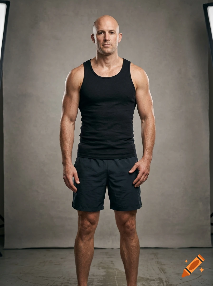 Full-body studio portrait of a muscular bald man wearing a black tank top and athletic shorts.