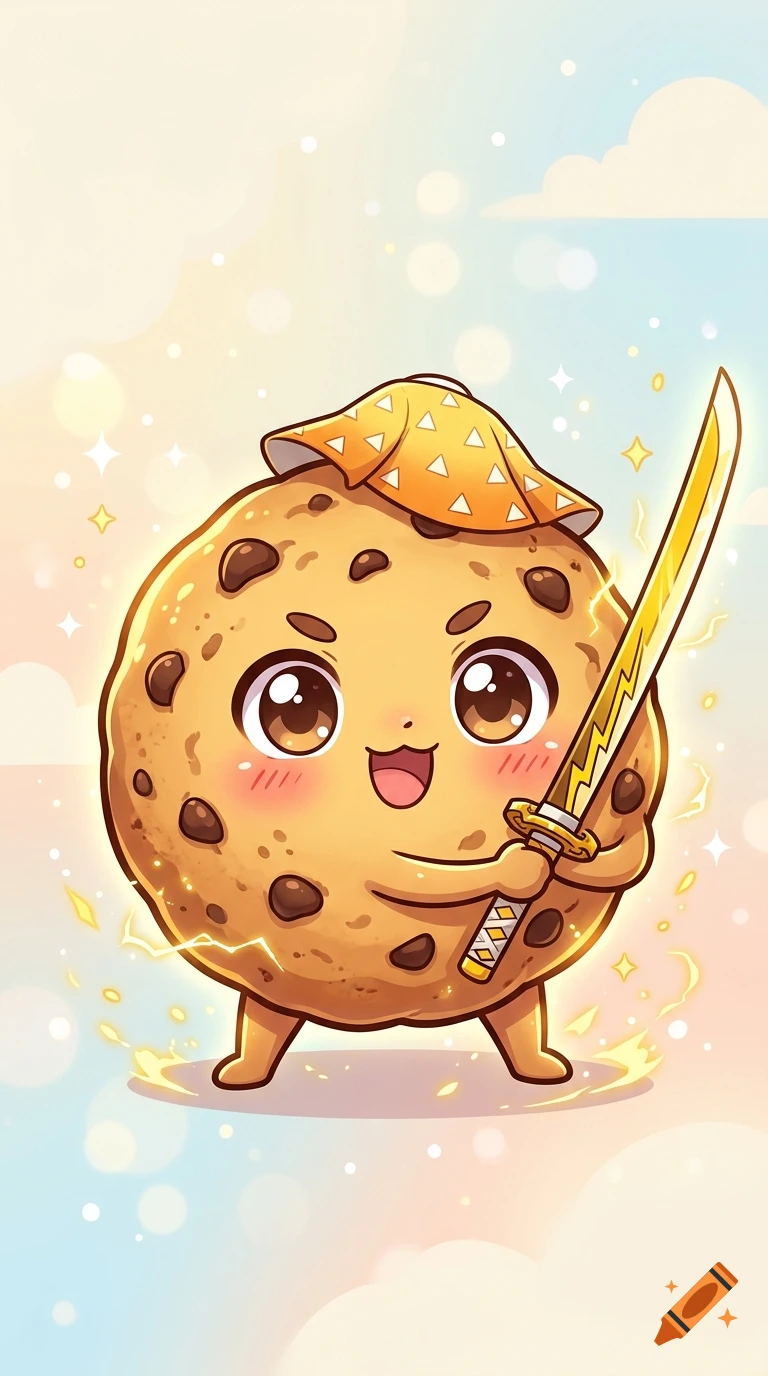 An illustration of an anthropomorphic chocolate chip cookie holding a glowing samurai sword and wearing a patterned hat.