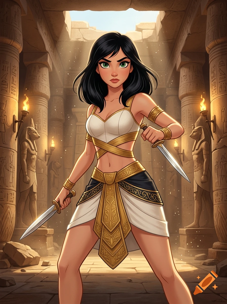 Young woman with black hair and green eyes holding daggers in an Egyptian temple, Disney animation style.