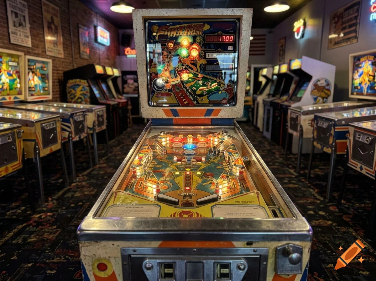 A vintage pinball machine in an arcade with multiple arcade games and pinball machines in the background.