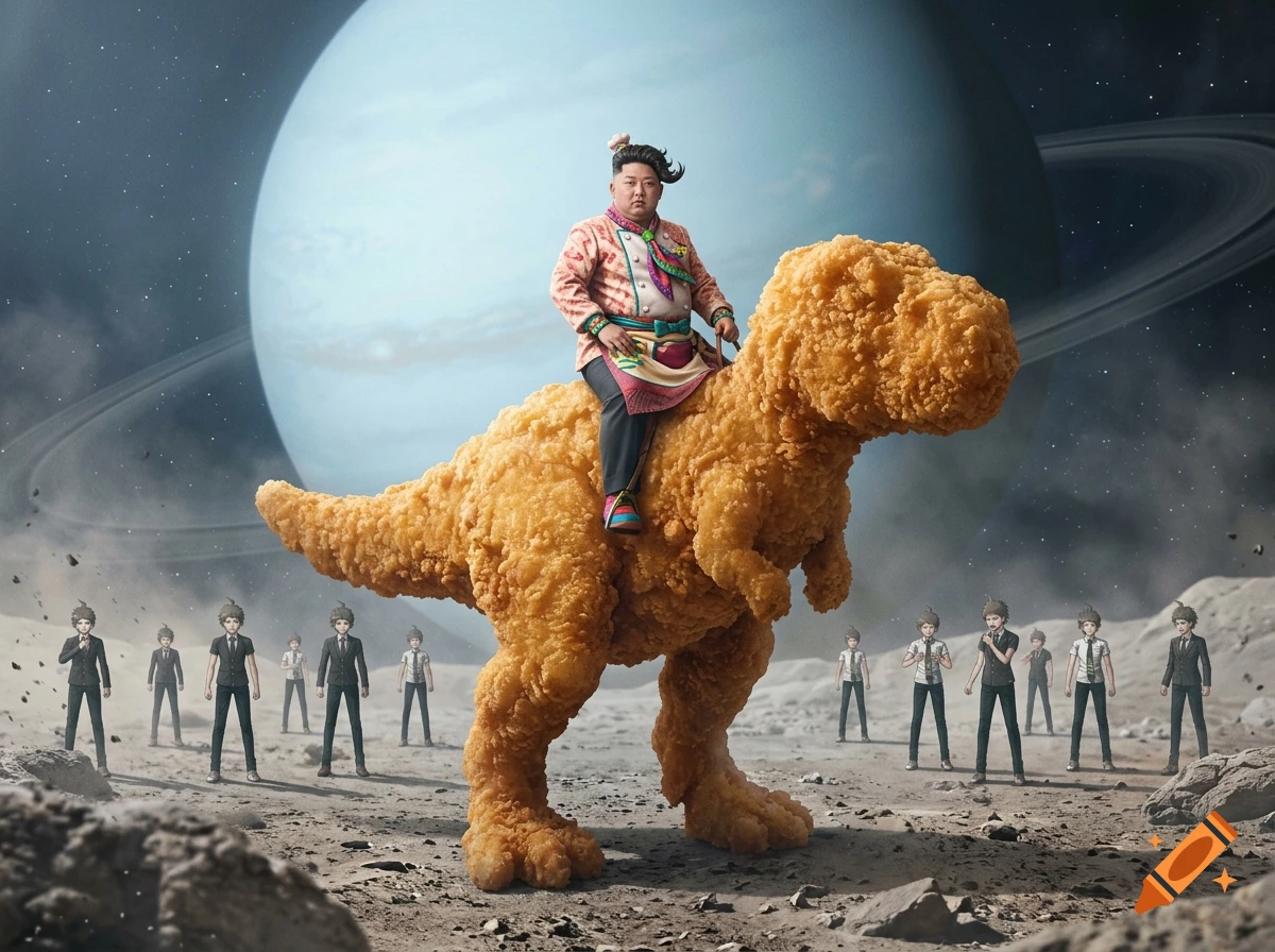 Photorealistic image of Kim Jong Un riding a giant dinosaur made of fried chicken on a moon surface with planet and ringed planet in background, surrounded by small characters.