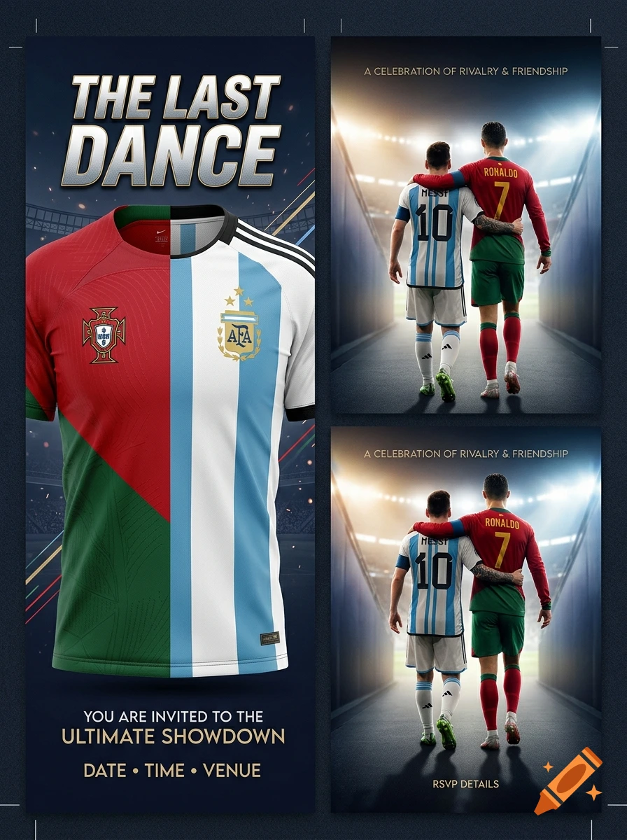 A sports event poster featuring a split Portugal and Argentina jersey, and soccer players walking away.