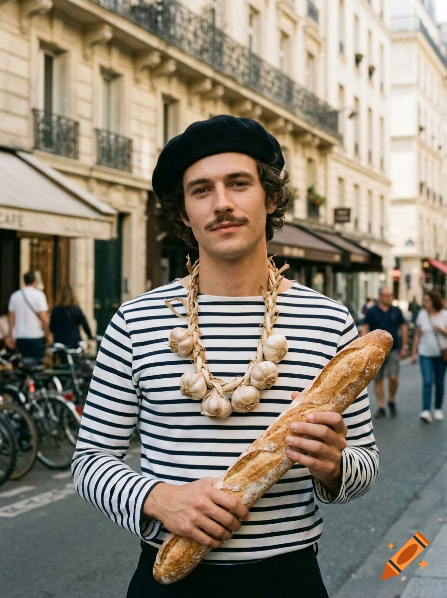 Photorealistic portrait of a young man with a mustache, beret, striped shirt, and garlic necklace holding a baguette in Paris.