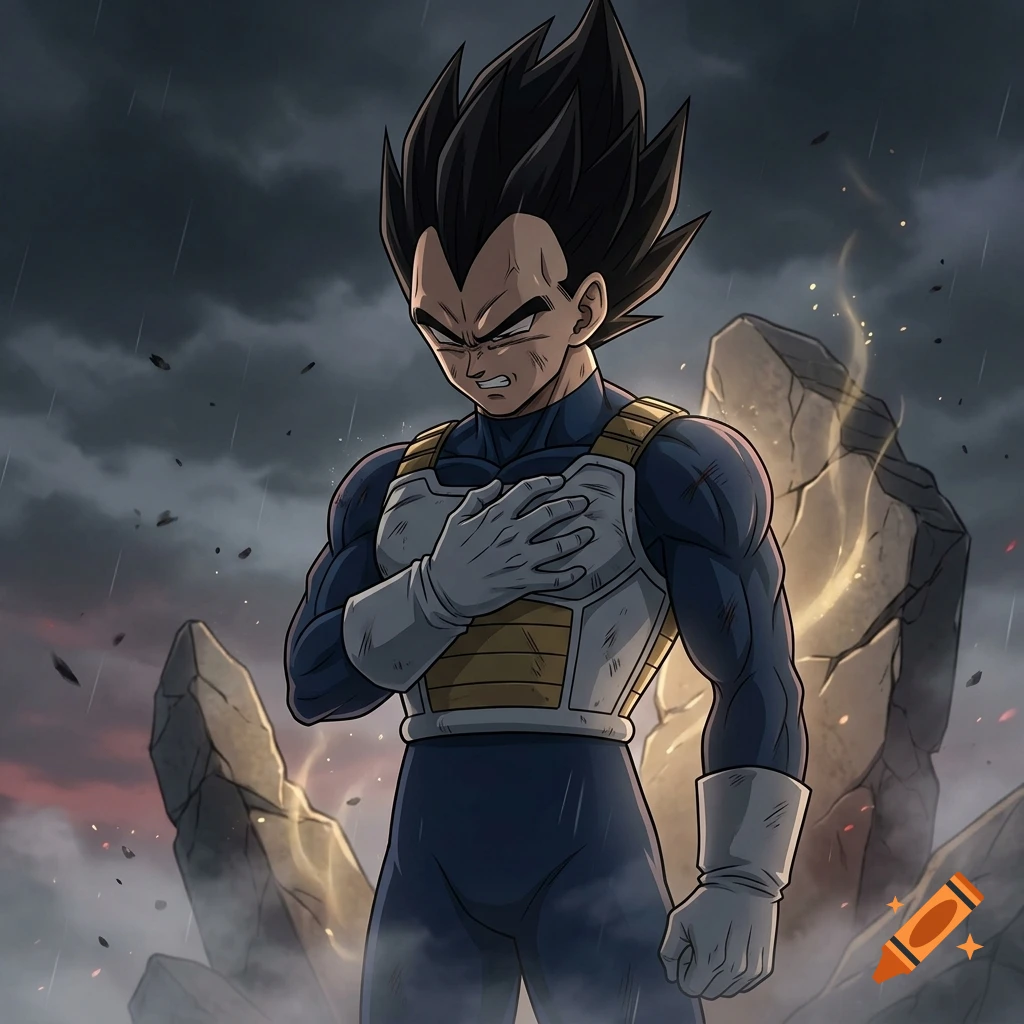 Anime style illustration of Vegeta in a battle suit standing in a rocky landscape under a stormy sky.