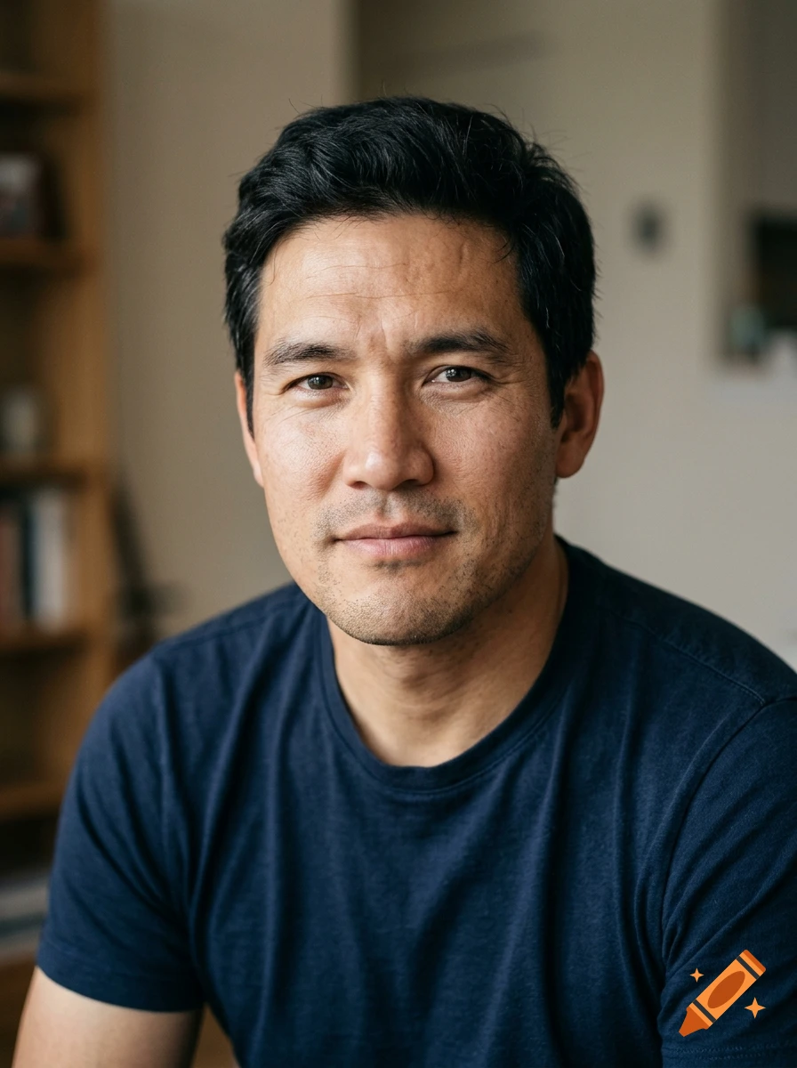 Photorealistic close-up portrait of a man with dark hair, a broad nose, and a neutral expression, wearing a dark blue t-shirt.