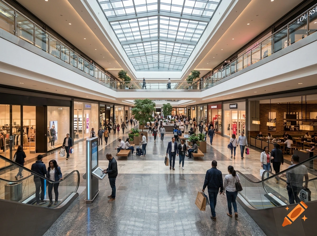 Photorealistic view of a multi-level shopping mall with a glass atrium ceiling, stores, and shoppers.