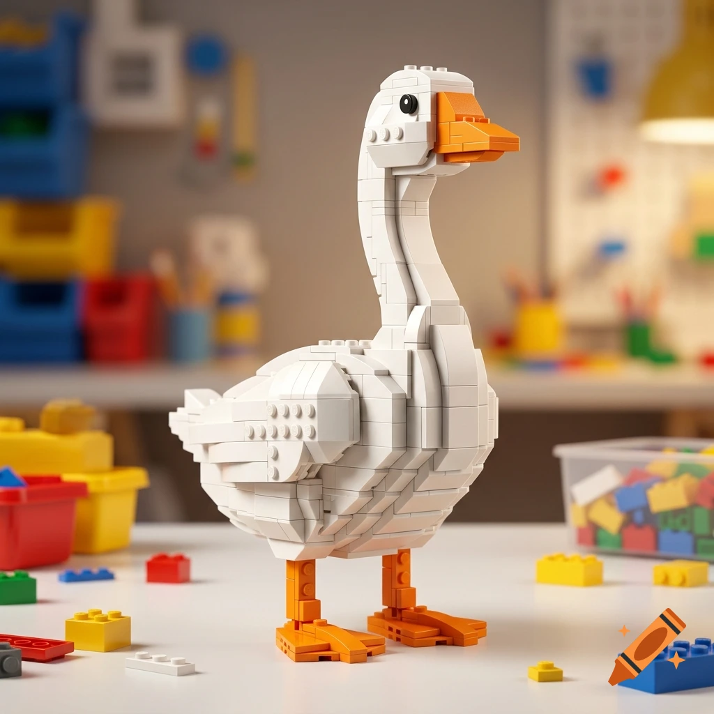 Photorealistic image of a goose built with white and orange Lego bricks standing on a white table in a room.