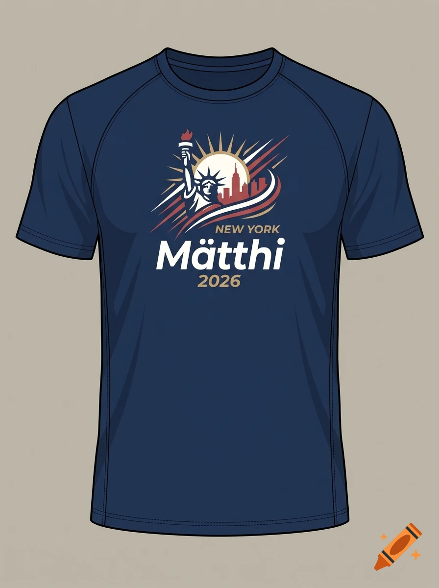 Dark blue athletic t-shirt mockup with a New York 2026 marathon graphic and 'Mätthi' text on the chest.