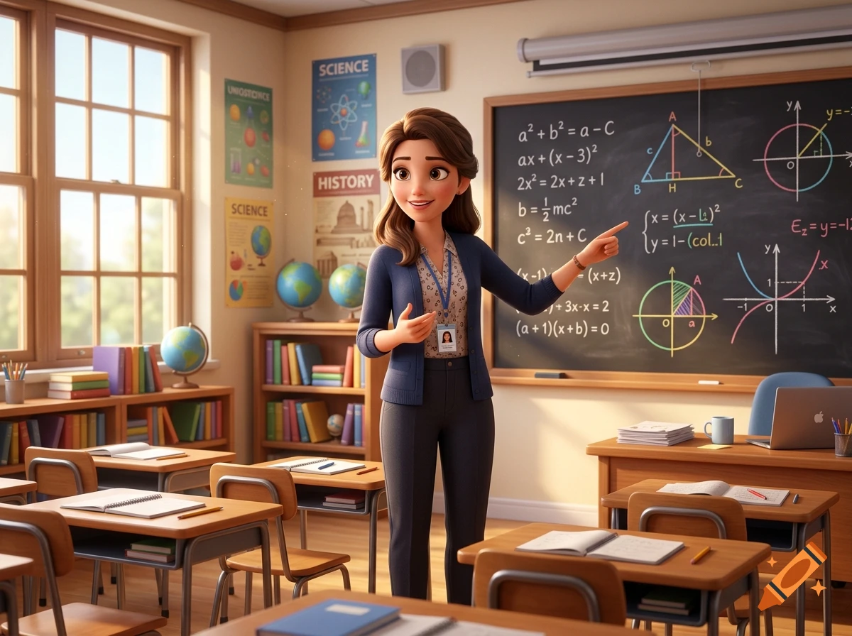 Pixar style young teacher pointing at a math equation on a blackboard in a classroom.