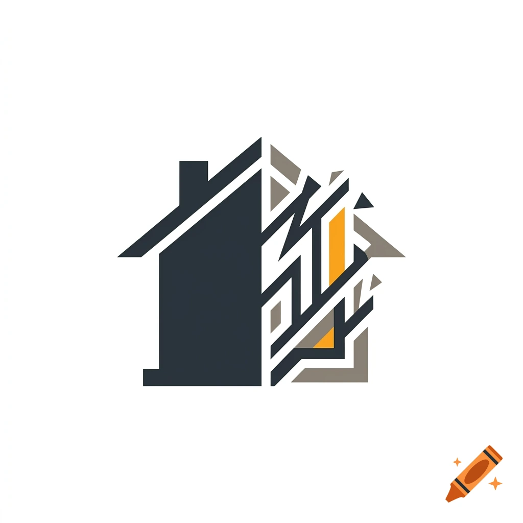 Minimalist vector logo of a house, with a solid left side and a broken, dynamic right side in grey and orange.