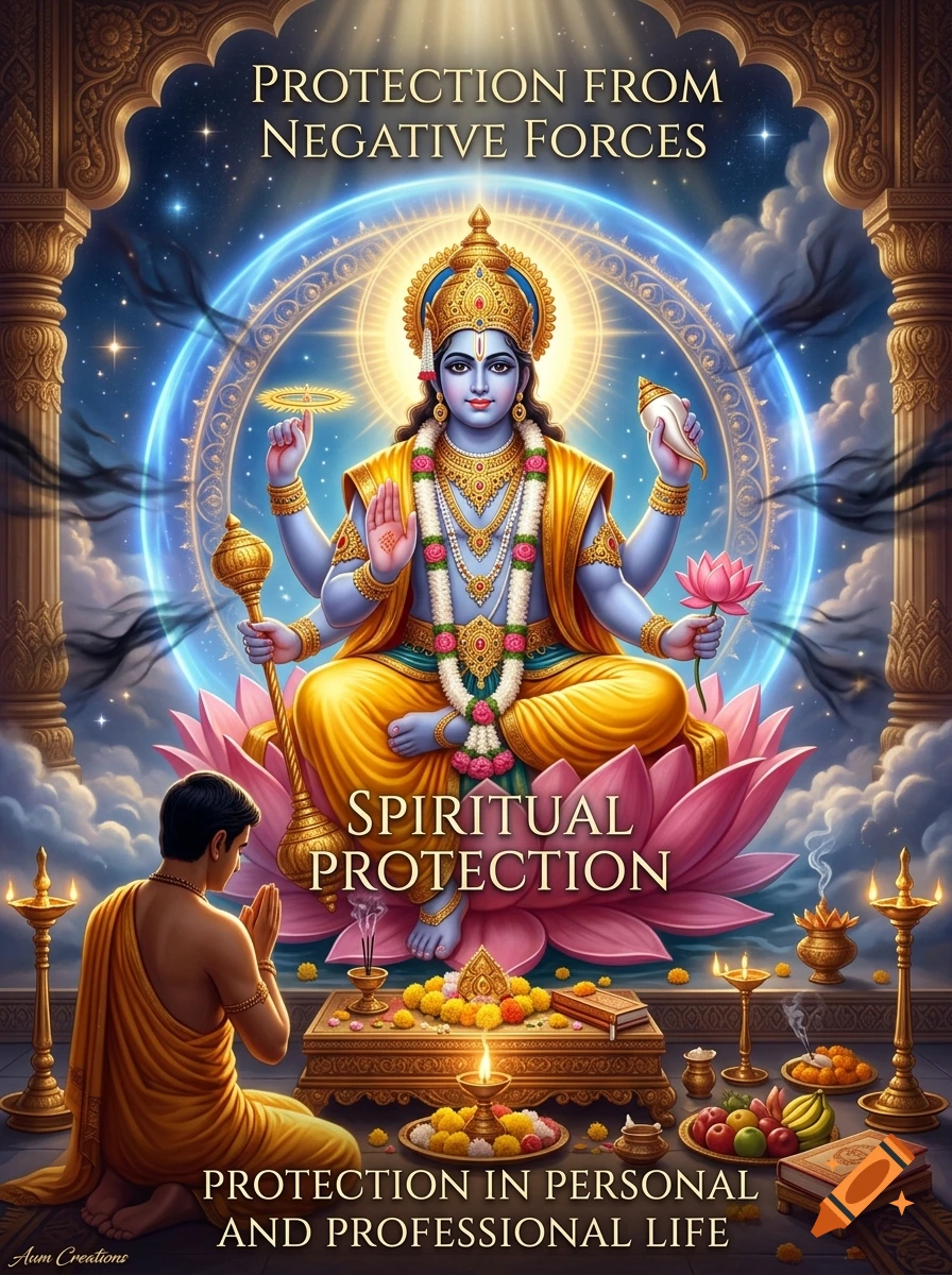 Digital illustration of Lord Vishnu seated on a lotus flower with a devotee praying, surrounded by text.