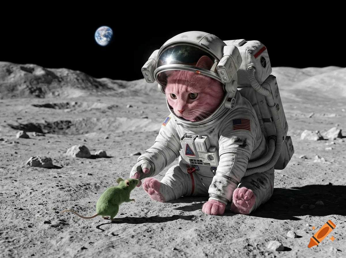 Photorealistic image of a pink cat in an astronaut suit on the moon, playing with a green mouse.