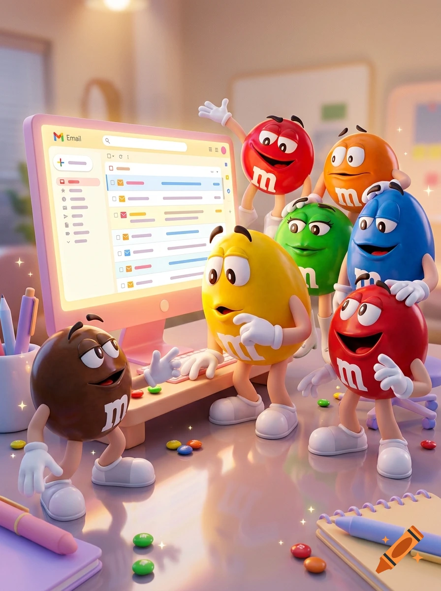 3D animated colorful M&M characters gathered around a pink computer screen showing an email inbox.