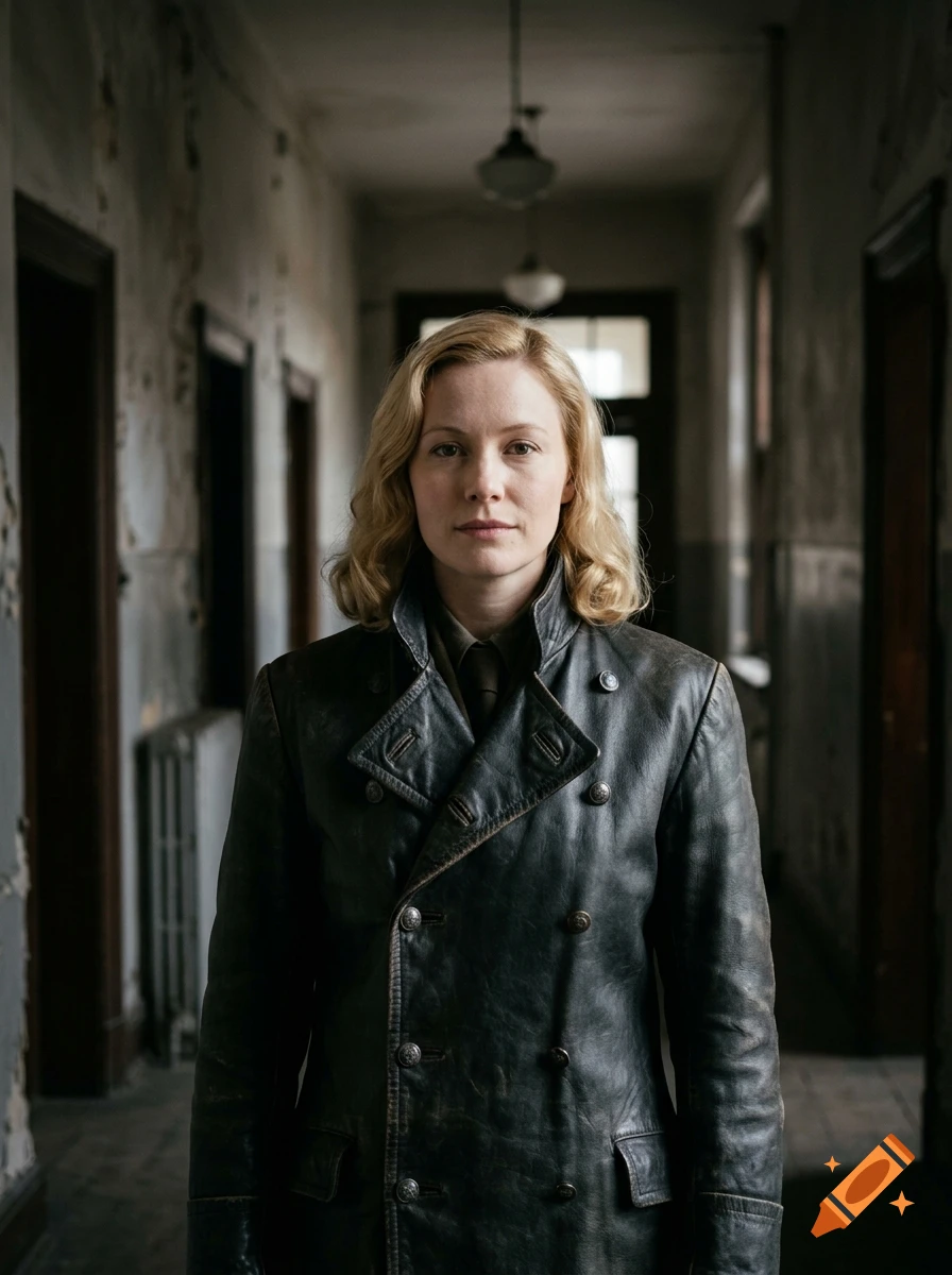 Photorealistic medium shot of a 30-year-old blonde woman wearing a dark leather coat, standing in a dimly lit, worn hallway.